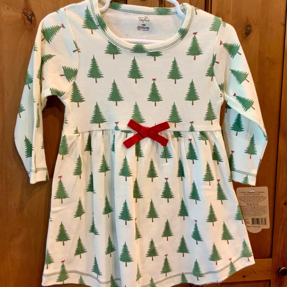 2 NWT holiday dresses 18M organic cotton.  Christmas Tree print & Buffalo Plaid